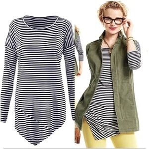 Cabi Boat Neck Asymmetrical Hem Long Sleeve Top Navy Blue White Striped